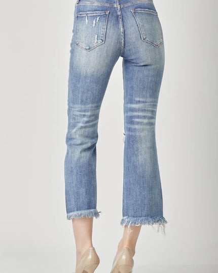 RISEN High Waist Distressed Cropped Bootcut Jeans - THE AMERICAN BLUE