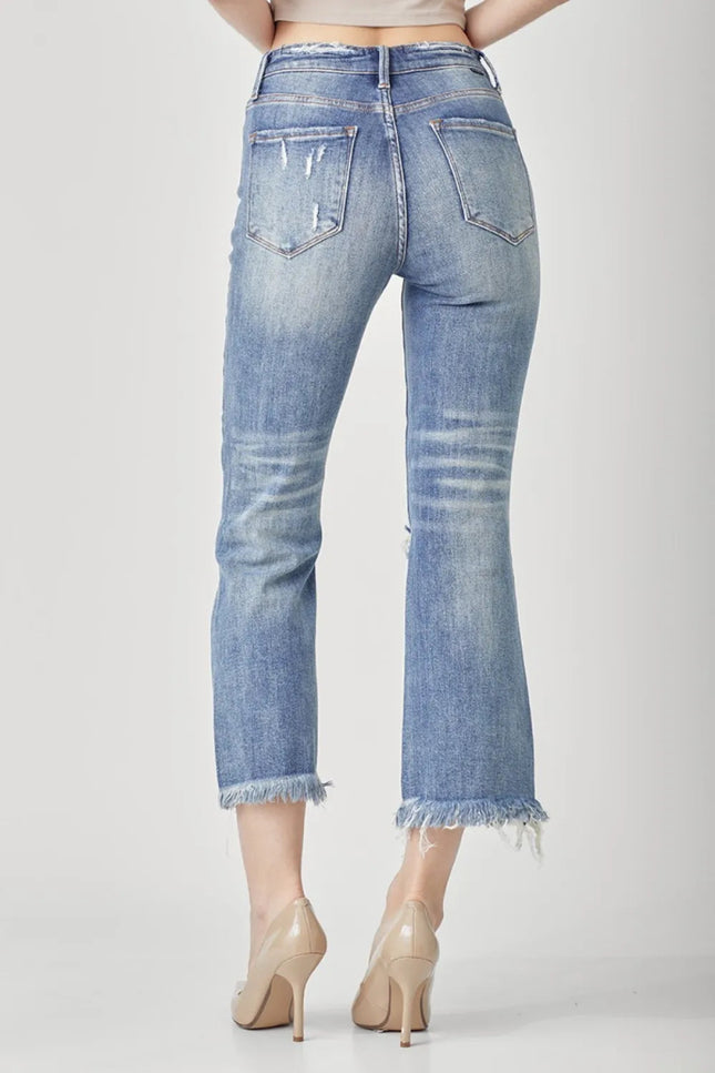 RISEN High Waist Distressed Cropped Bootcut Jeans - THE AMERICAN BLUE