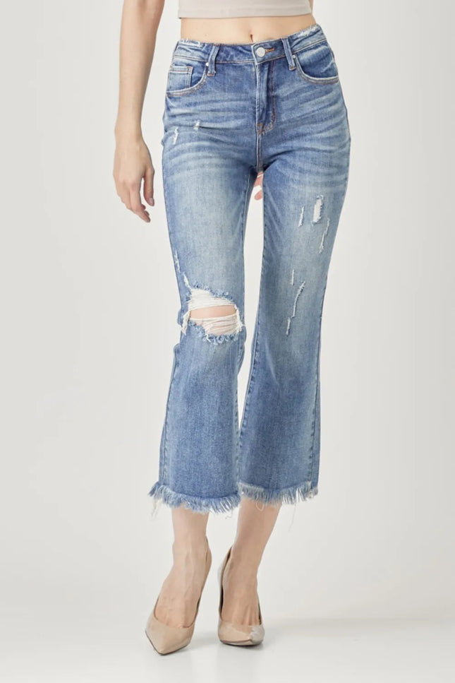 RISEN High Waist Distressed Cropped Bootcut Jeans - THE AMERICAN BLUE