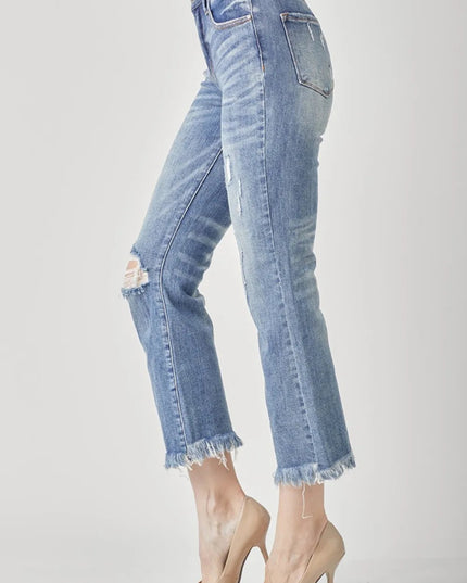 RISEN High Waist Distressed Cropped Bootcut Jeans - THE AMERICAN BLUE