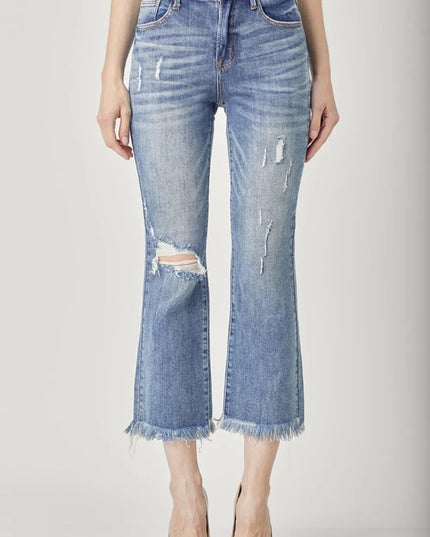 RISEN High Waist Distressed Cropped Bootcut Jeans - THE AMERICAN BLUE