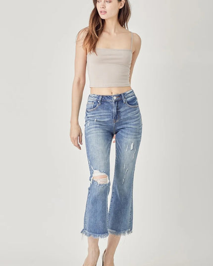 RISEN High Waist Distressed Cropped Bootcut Jeans - THE AMERICAN BLUE