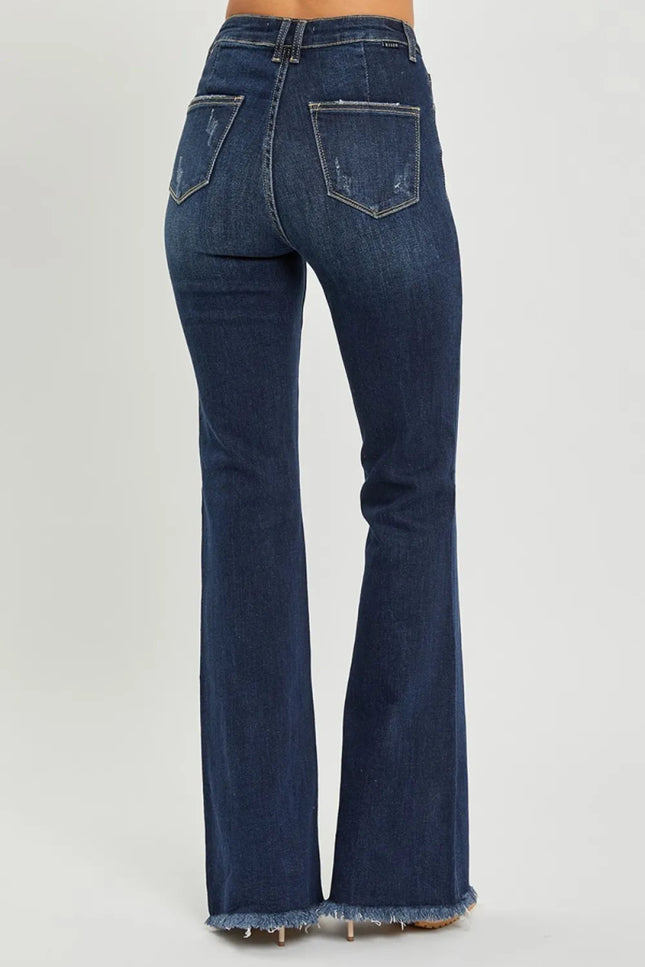 RISEN High Waist Raw Hem Flare Jeans - THE AMERICAN BLUE