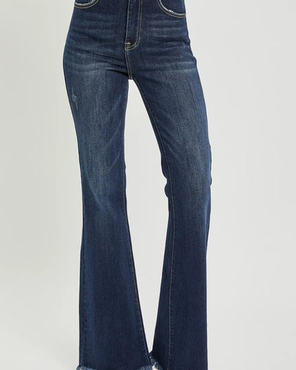 RISEN High Waist Raw Hem Flare Jeans - THE AMERICAN BLUE