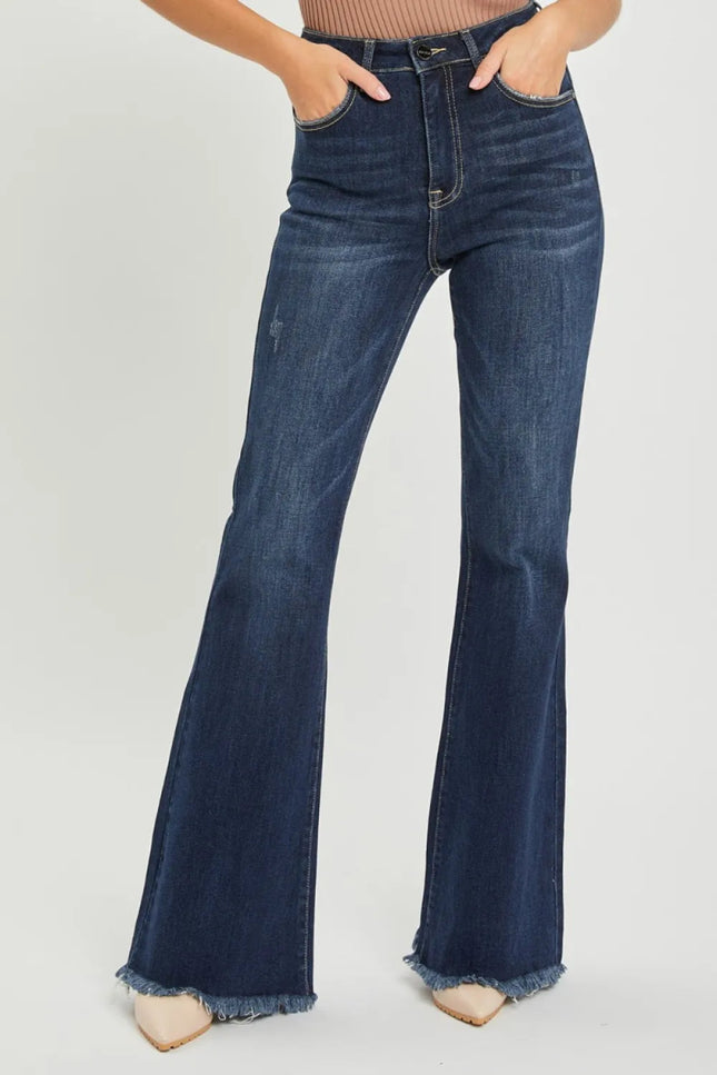 RISEN High Waist Raw Hem Flare Jeans - THE AMERICAN BLUE