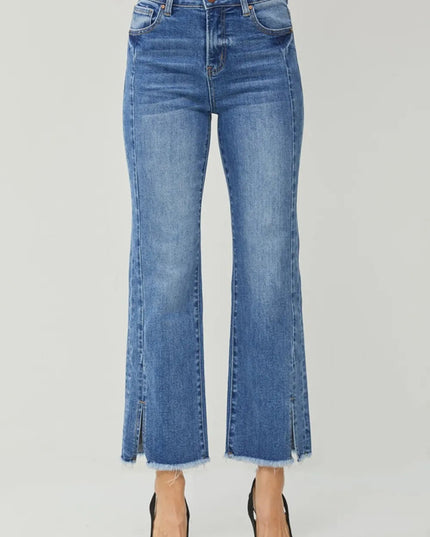 RISEN High Waist Raw Hem Slit Straight Jeans - THE AMERICAN BLUE