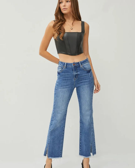 RISEN High Waist Raw Hem Slit Straight Jeans - THE AMERICAN BLUE