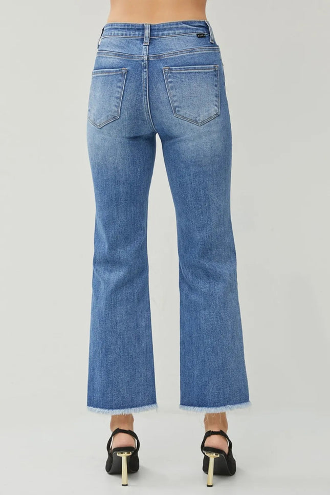 RISEN High Waist Raw Hem Slit Straight Jeans - THE AMERICAN BLUE