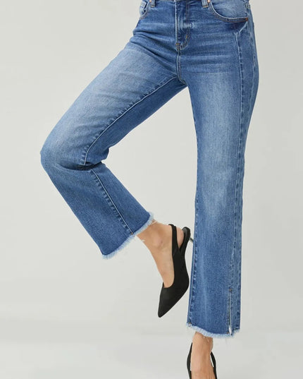 RISEN High Waist Raw Hem Slit Straight Jeans - THE AMERICAN BLUE