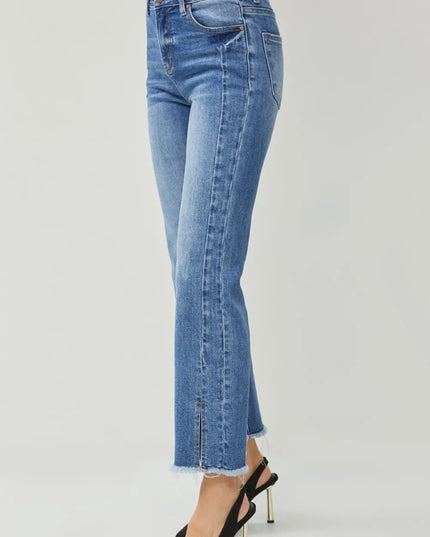 RISEN High Waist Raw Hem Slit Straight Jeans - THE AMERICAN BLUE