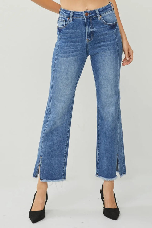 RISEN High Waist Raw Hem Slit Straight Jeans - THE AMERICAN BLUE
