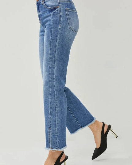 RISEN High Waist Raw Hem Slit Straight Jeans - THE AMERICAN BLUE