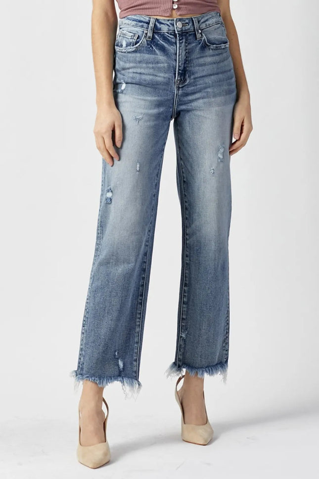 RISEN High Waist Raw Hem Straight Jeans - THE AMERICAN BLUE