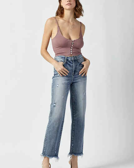 RISEN High Waist Raw Hem Straight Jeans - THE AMERICAN BLUE