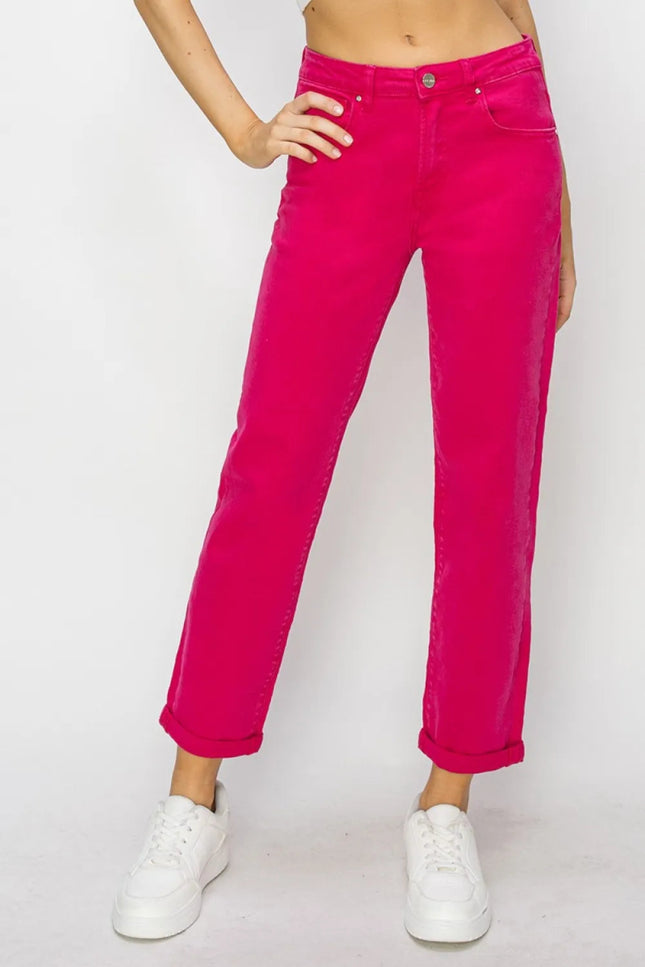 RISEN High Waist Rolled Hem Straight Jeans - THE AMERICAN BLUE