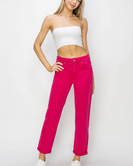 RISEN High Waist Rolled Hem Straight Jeans - THE AMERICAN BLUE