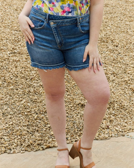 RISEN Maya Full Size Mid Rise Asymmetrical Shorts - THE AMERICAN BLUE