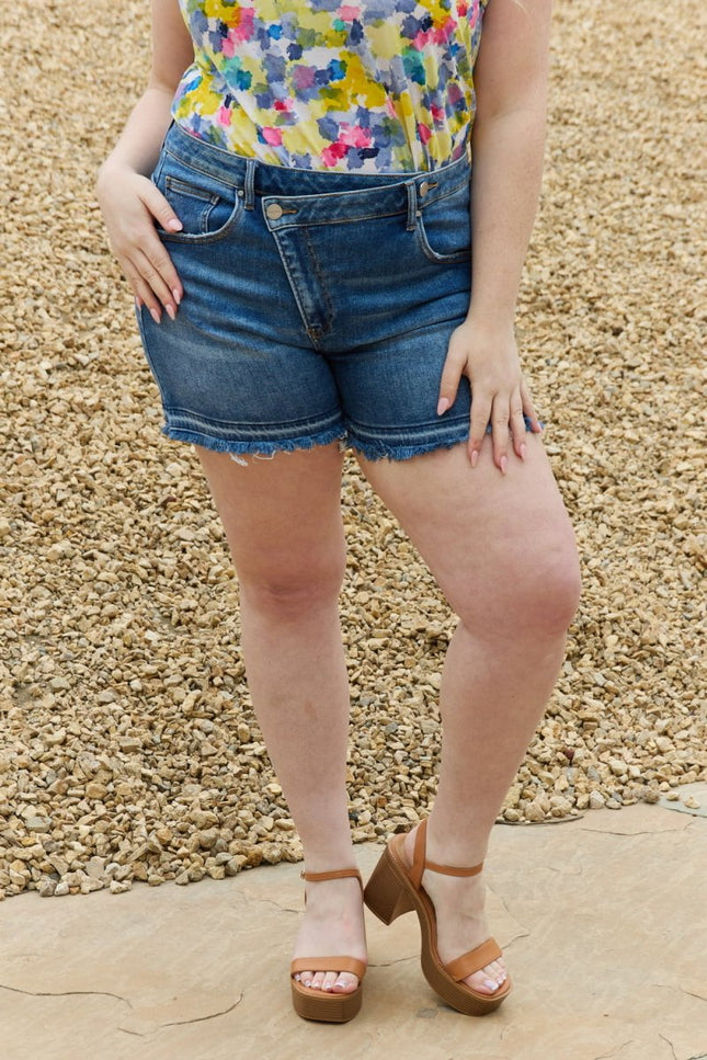 RISEN Maya Full Size Mid Rise Asymmetrical Shorts - THE AMERICAN BLUE