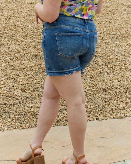 RISEN Maya Full Size Mid Rise Asymmetrical Shorts - THE AMERICAN BLUE
