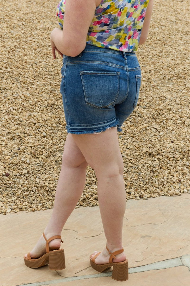 RISEN Maya Full Size Mid Rise Asymmetrical Shorts - THE AMERICAN BLUE