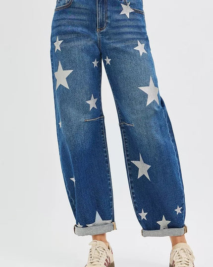 RISEN mid - rise ankle - length relaxed barrel jeans with star print - THE AMERICAN BLUE