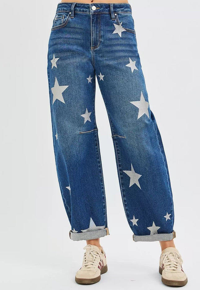 RISEN mid - rise ankle - length relaxed barrel jeans with star print - THE AMERICAN BLUE