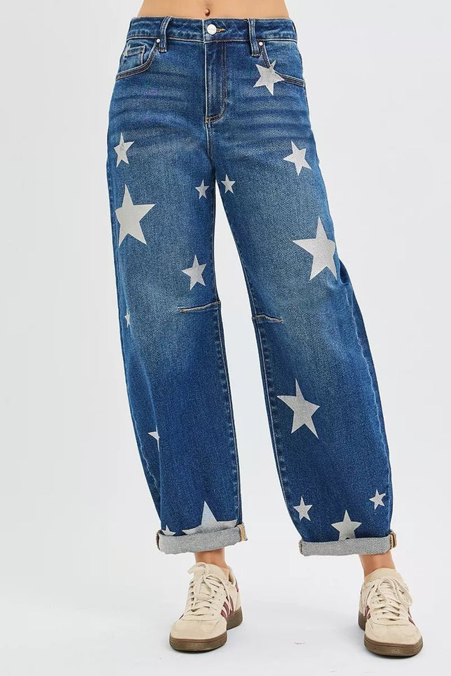 RISEN mid - rise ankle - length relaxed barrel jeans with star print - THE AMERICAN BLUE