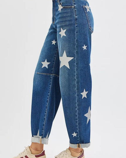 RISEN mid - rise ankle - length relaxed barrel jeans with star print - THE AMERICAN BLUE