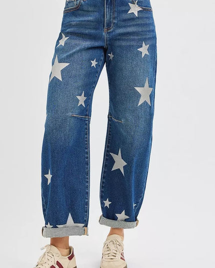 RISEN mid - rise ankle - length relaxed barrel jeans with star print - THE AMERICAN BLUE