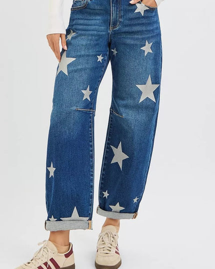 RISEN mid - rise ankle - length relaxed barrel jeans with star print - THE AMERICAN BLUE