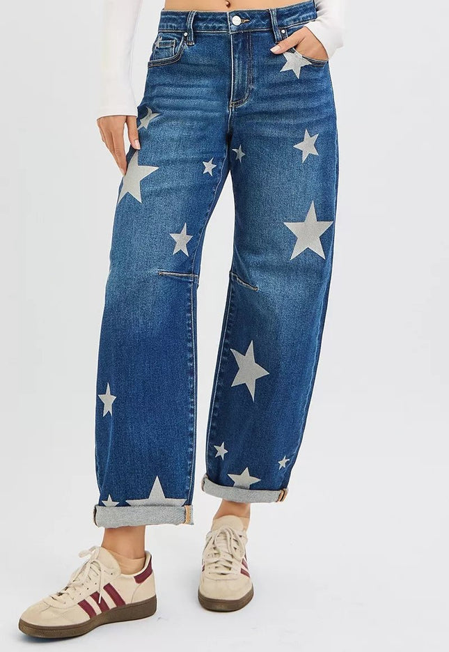 RISEN mid - rise ankle - length relaxed barrel jeans with star print - THE AMERICAN BLUE