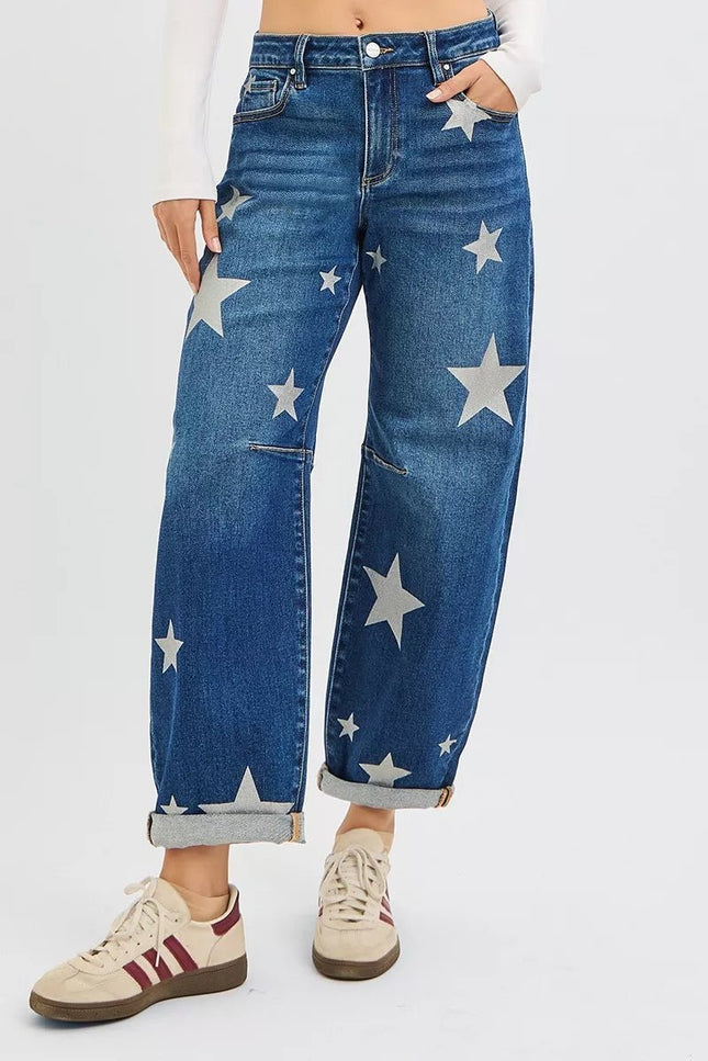 RISEN mid - rise ankle - length relaxed barrel jeans with star print - THE AMERICAN BLUE