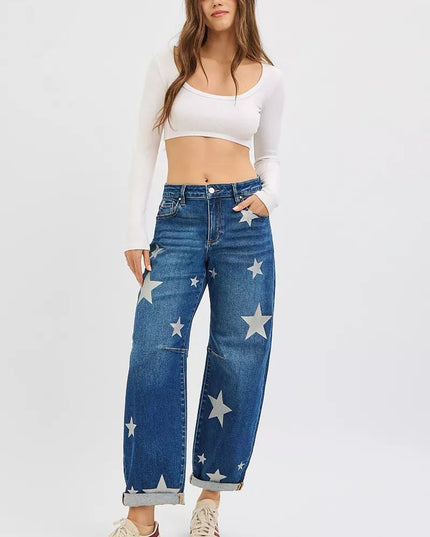 RISEN mid - rise ankle - length relaxed barrel jeans with star print - THE AMERICAN BLUE
