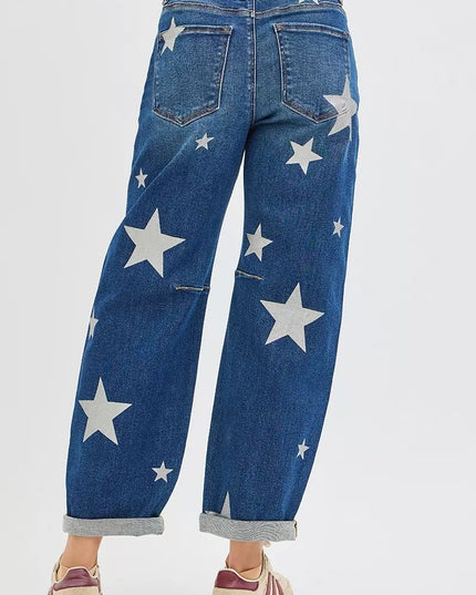RISEN mid - rise ankle - length relaxed barrel jeans with star print - THE AMERICAN BLUE