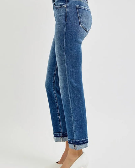RISEN Mid Rise Ankle Straight Cuffed Jeans - THE AMERICAN BLUE