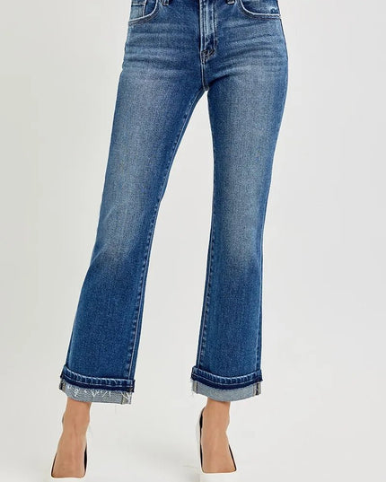 RISEN Mid Rise Ankle Straight Cuffed Jeans - THE AMERICAN BLUE