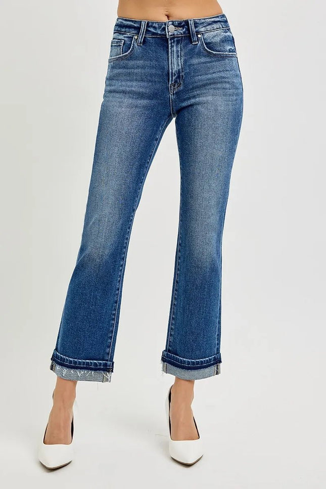 RISEN Mid Rise Ankle Straight Cuffed Jeans - THE AMERICAN BLUE