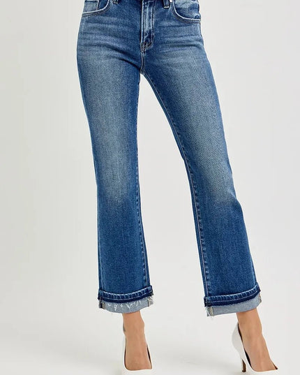 RISEN Mid Rise Ankle Straight Cuffed Jeans - THE AMERICAN BLUE
