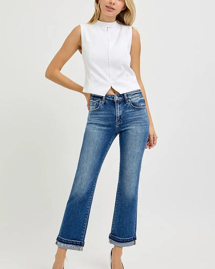 RISEN Mid Rise Ankle Straight Cuffed Jeans - THE AMERICAN BLUE