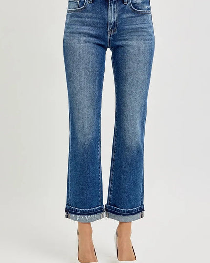 RISEN Mid Rise Ankle Straight Cuffed Jeans - THE AMERICAN BLUE