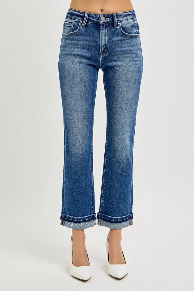 RISEN Mid Rise Ankle Straight Cuffed Jeans - THE AMERICAN BLUE