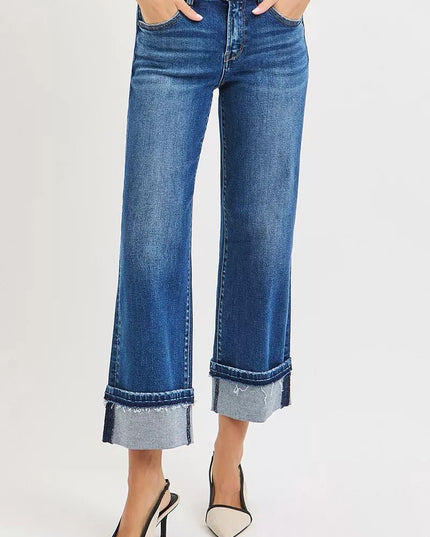 RISEN Mid Rise Ankle Straight Jeans with Cuffed Hem - THE AMERICAN BLUE