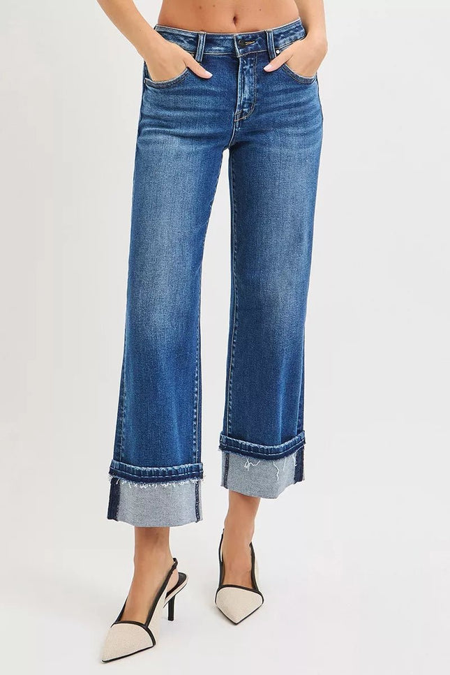 RISEN Mid Rise Ankle Straight Jeans with Cuffed Hem - THE AMERICAN BLUE
