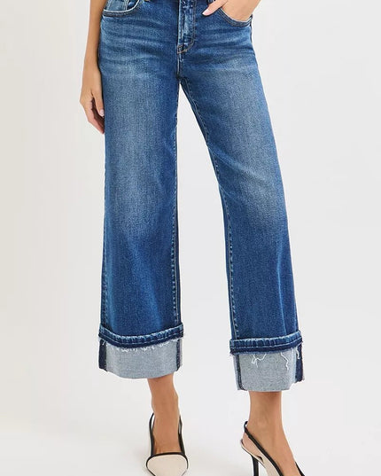 RISEN Mid Rise Ankle Straight Jeans with Cuffed Hem - THE AMERICAN BLUE