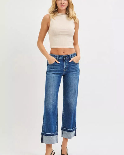 RISEN Mid Rise Ankle Straight Jeans with Cuffed Hem - THE AMERICAN BLUE