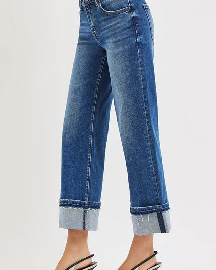 RISEN Mid Rise Ankle Straight Jeans with Cuffed Hem - THE AMERICAN BLUE