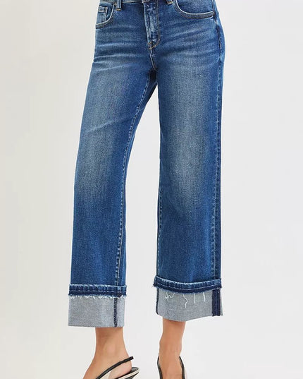 RISEN Mid Rise Ankle Straight Jeans with Cuffed Hem - THE AMERICAN BLUE
