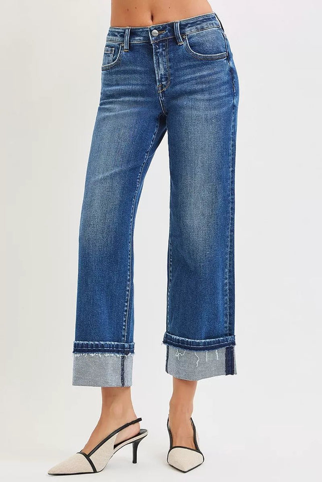 RISEN Mid Rise Ankle Straight Jeans with Cuffed Hem - THE AMERICAN BLUE