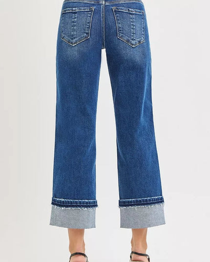 RISEN Mid Rise Ankle Straight Jeans with Cuffed Hem - THE AMERICAN BLUE