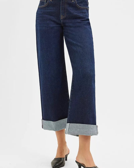 RISEN Mid Rise Fit Ankle Wide Roll Up Jeans - THE AMERICAN BLUE